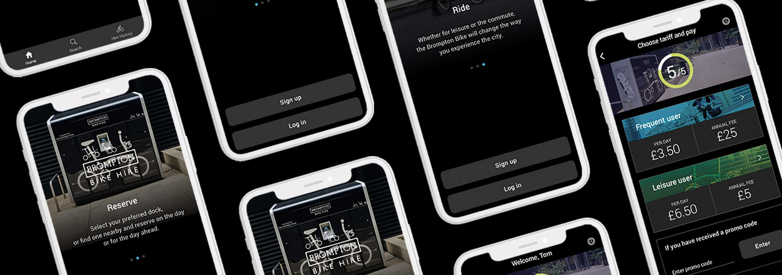 Phone mockups displaying a mobile app design for Brompton Bike Hire