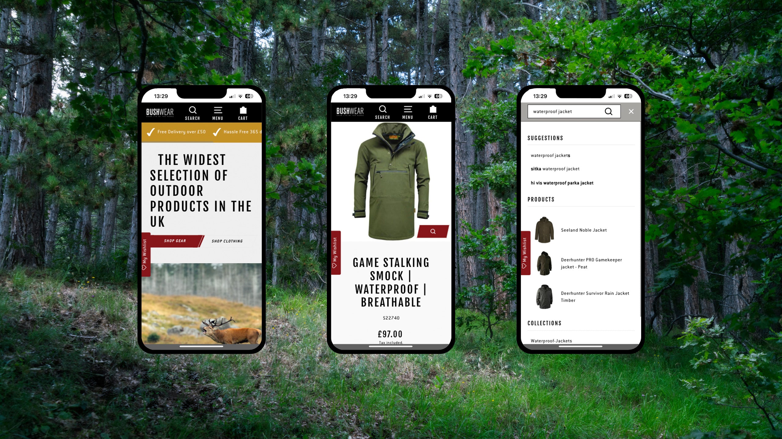 Three smartphones displaying an outdoor clothing website on Shopify for Bushwar, with a forest background.