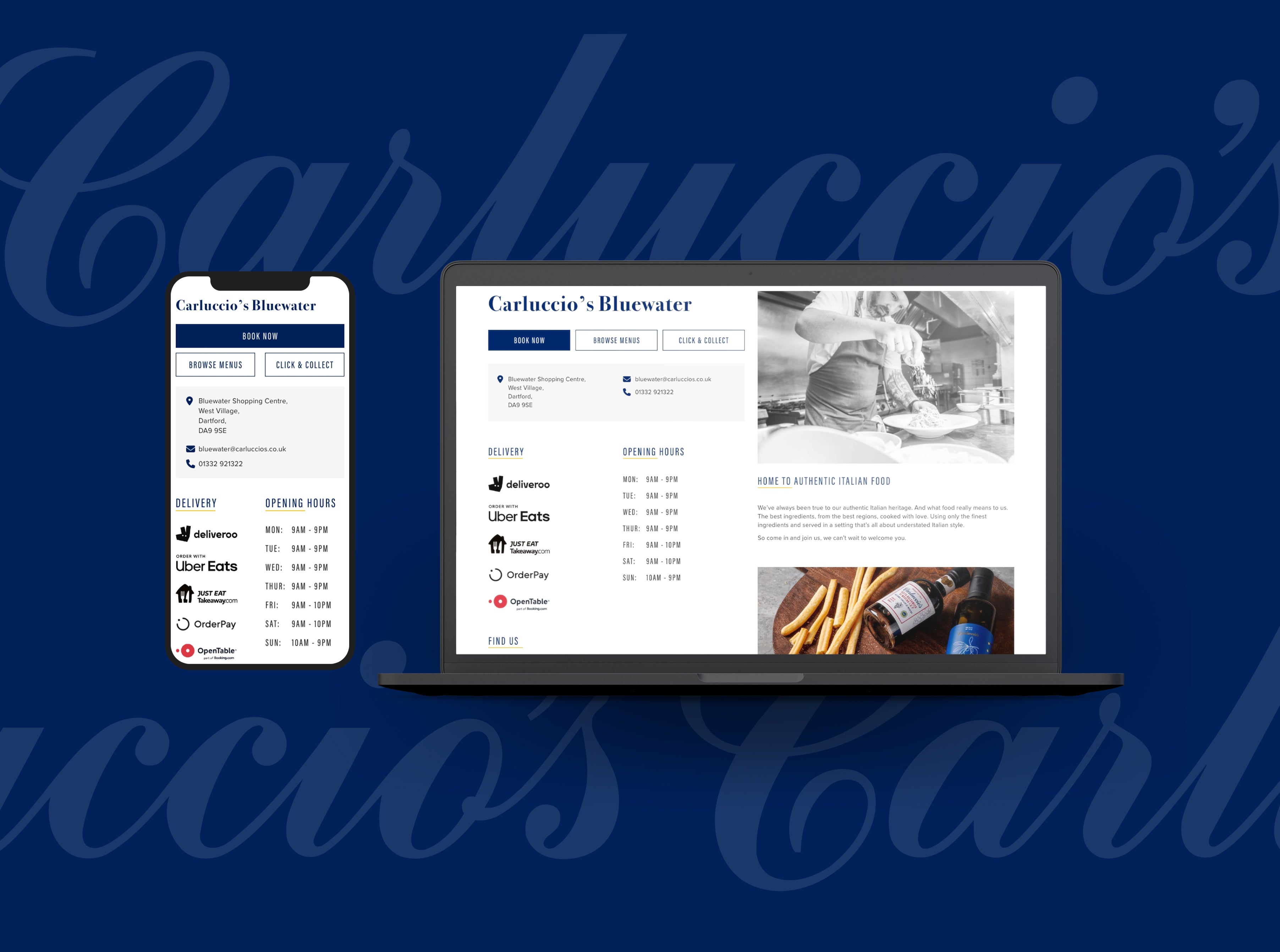 Shopify web design for Carluccio's with the Carluccio's Bluewater restaurant location page, and the mobile layout displayed next to the desktop version.