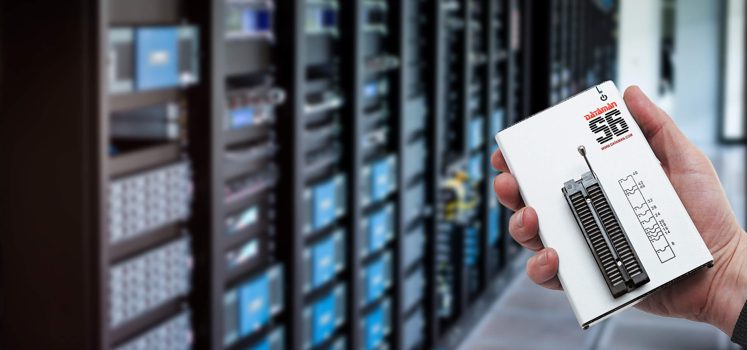 Photo of a Dataman product packaging in a data/server room