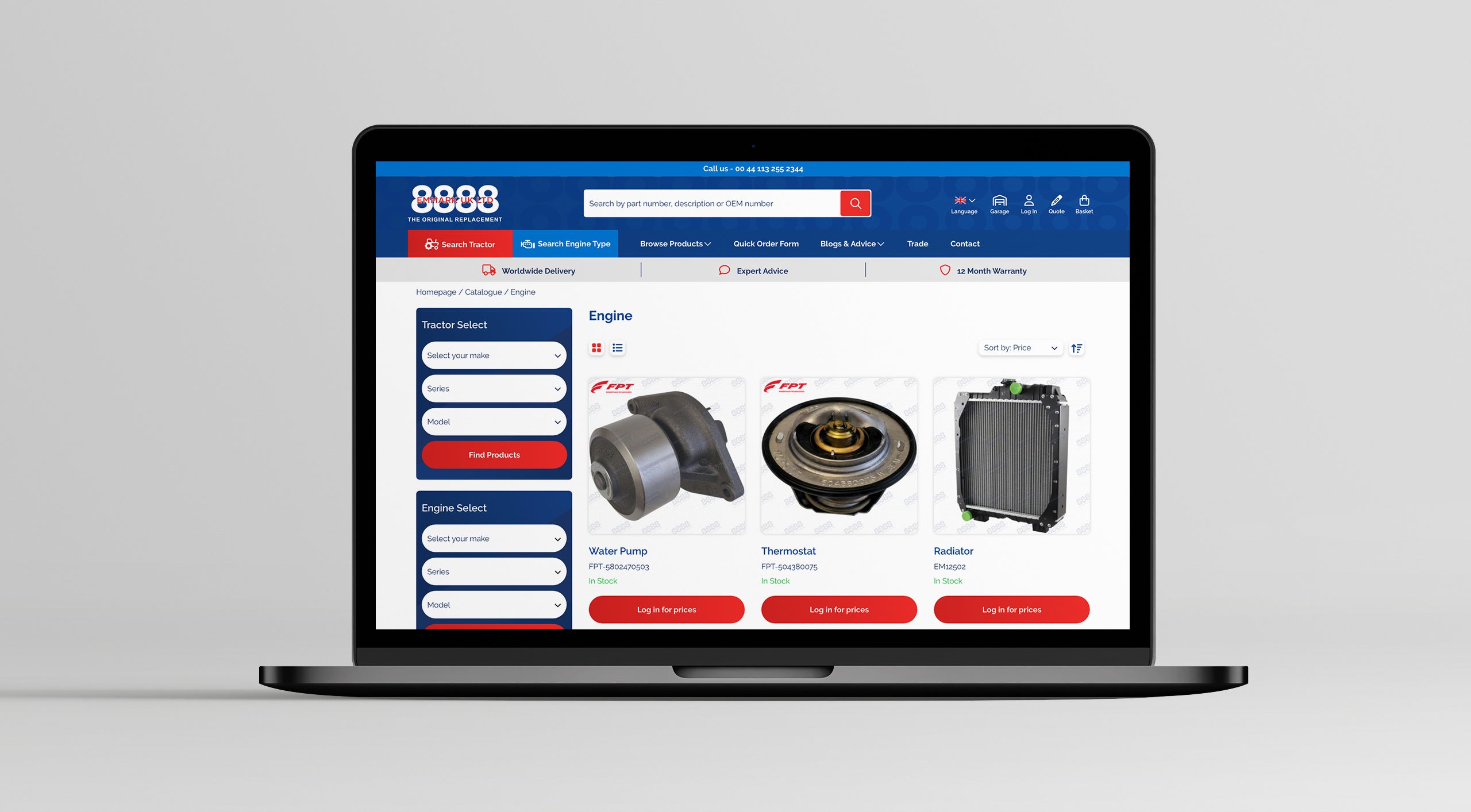 Laptop displaying a tractor parts category page for Emmark on Hyvä Magento