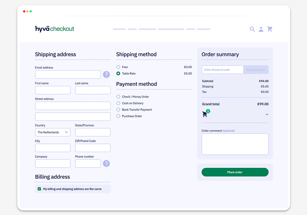 Screenshot of a Hyvä checkout page, with shipping address, payment method and order summary for improved Magento checkout experiences.