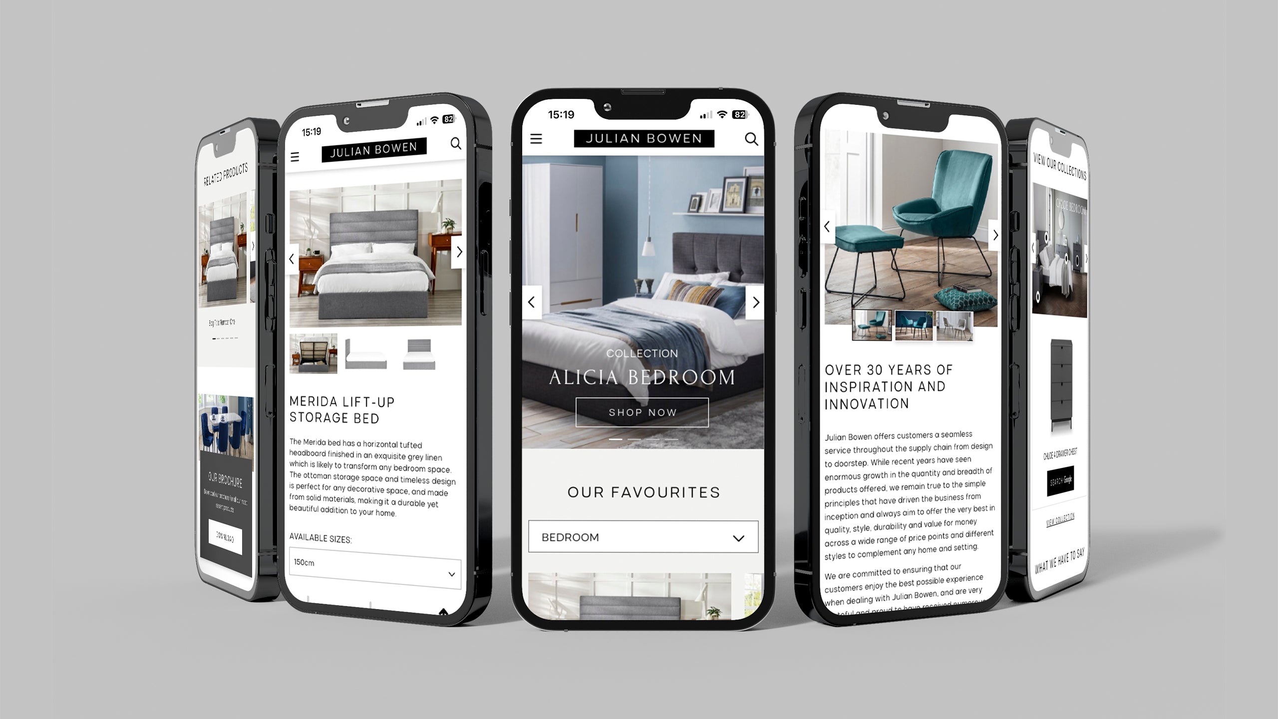 Five smartphones displaying different pages of a furniture store website on Shopify for Julian Bowen