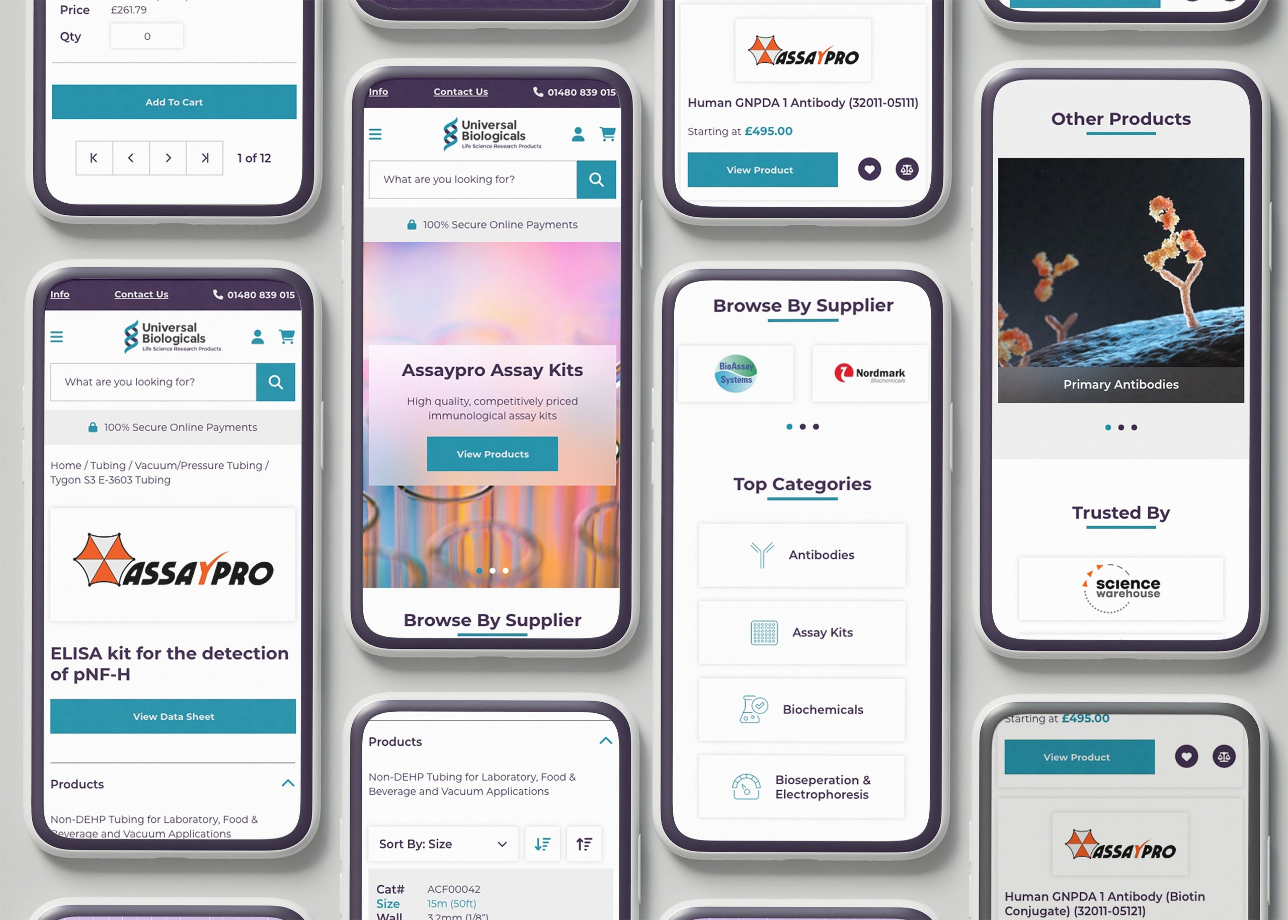 Collage of mobile devices with the Universal Biologicals website following a Magento migration to the Hyvä theme