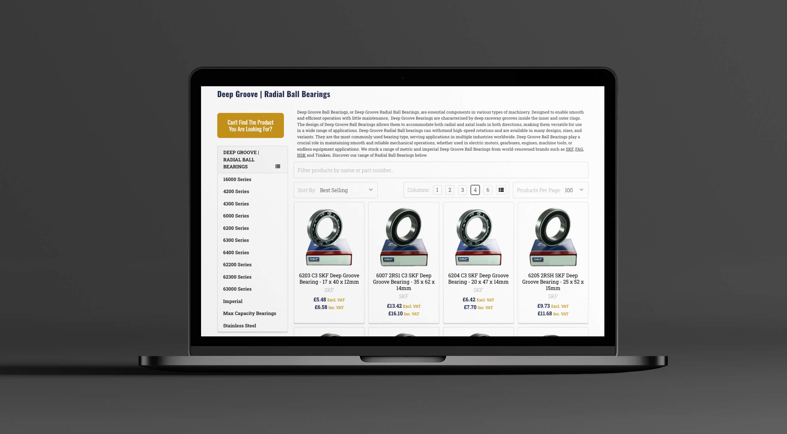 Laptop displaying a Shopify product page for Quality Bearings Online with images and sub-categories