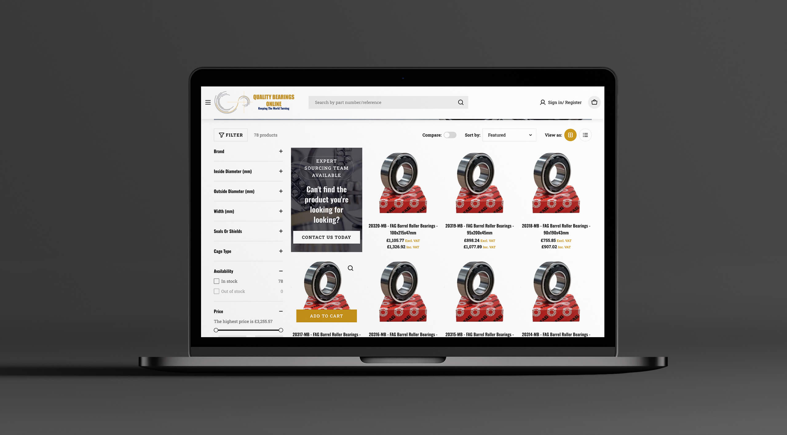 Laptop displaying the Quality Bearings Online UK website on Shopify