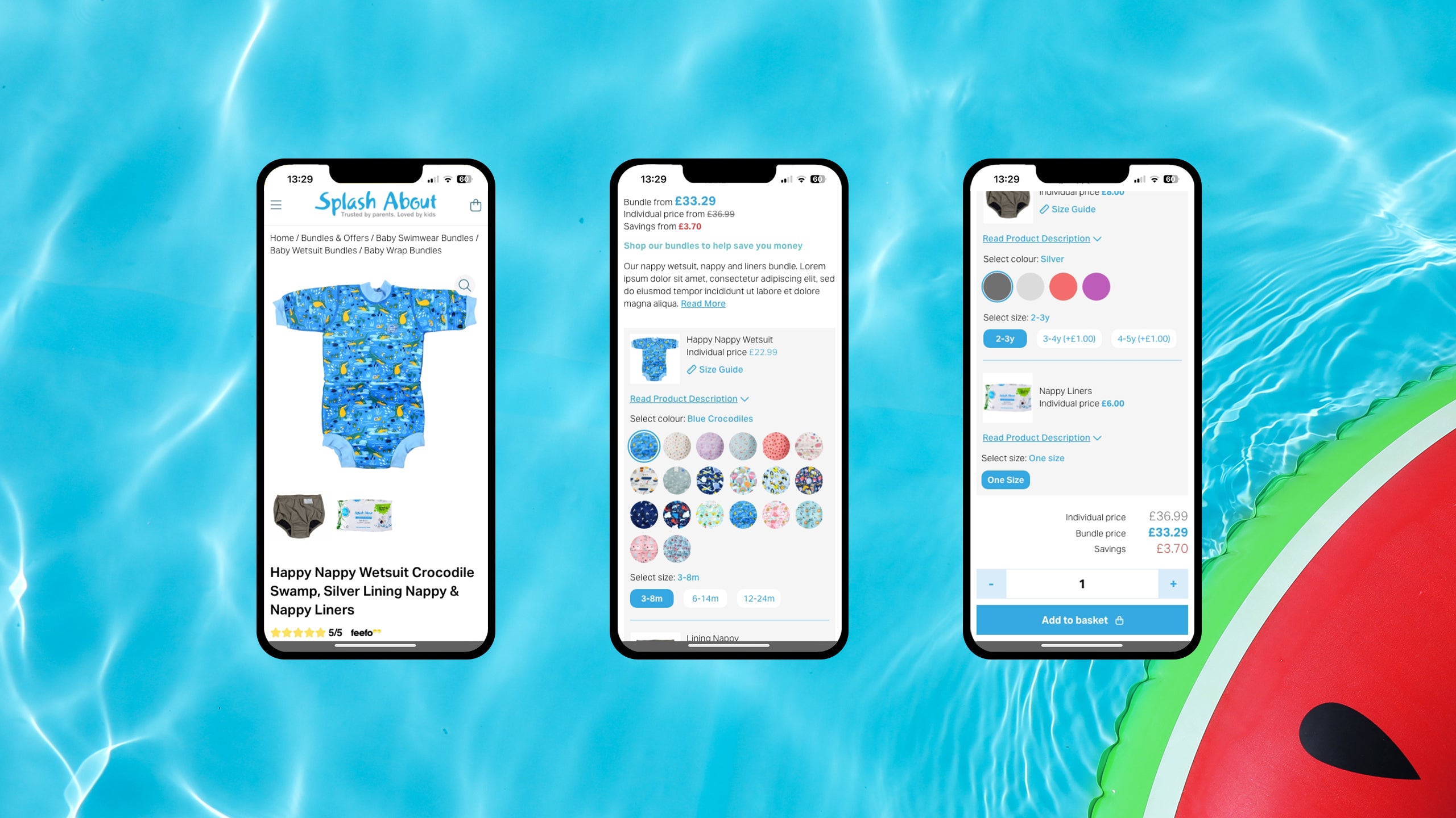 Three mobile screens displaying a Shopify Plus website design for Splash About product pages