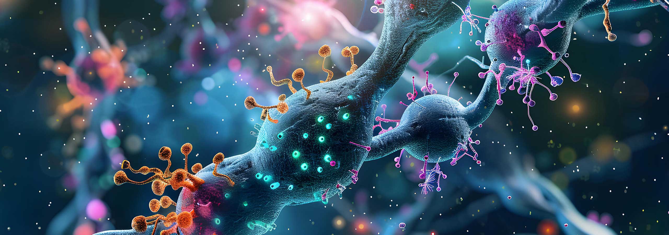 A colorful digital illustration of neurons and viruses, featuring blue, purple, and orange elements 
