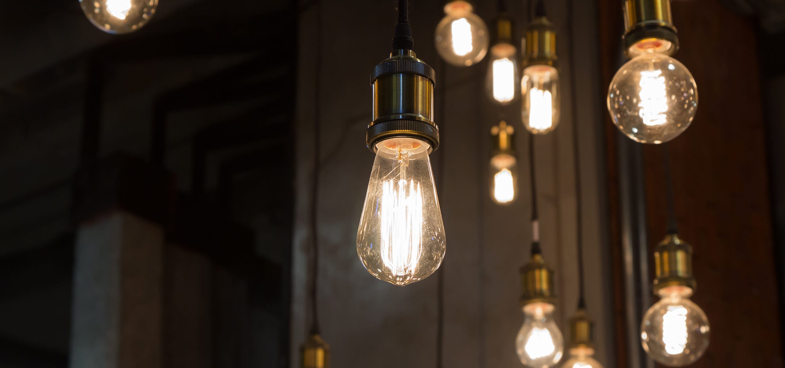 Vintage light bulbs hanging in a dark setting