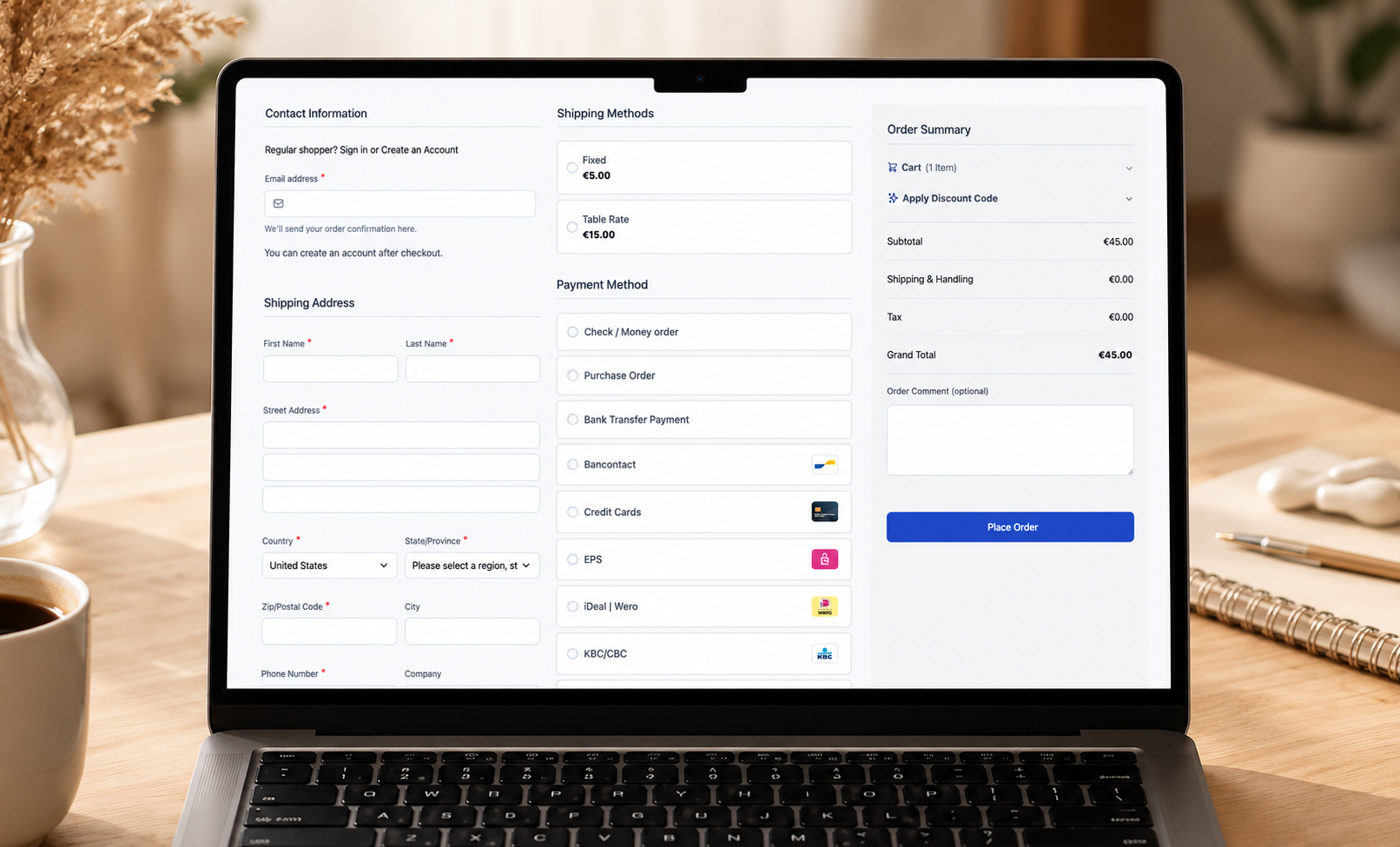 Laptop displaying a Hyva/Magento checkout on a desk